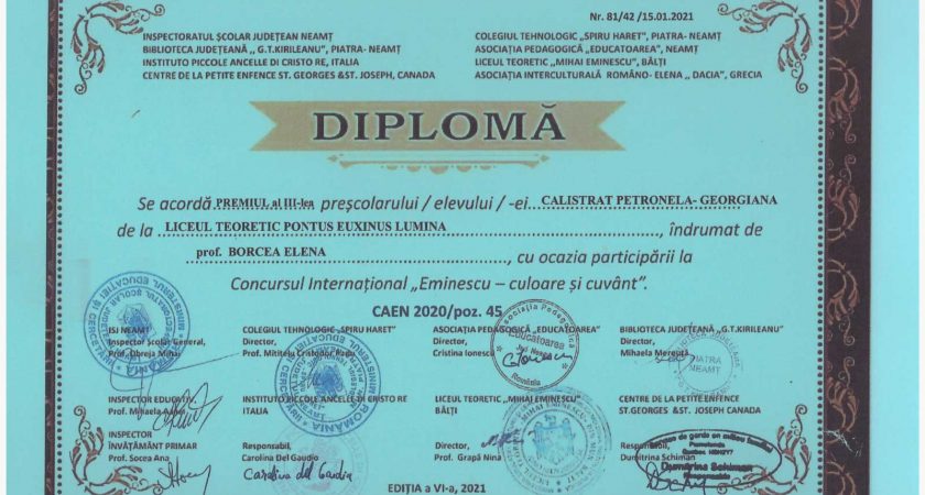 Diplome – Concursul internațional “Eminescu – culoare și cuvânt”