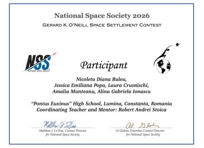 National Space Society din Statele Unite ale Americii le-a acordat certificate de participare elevilor de la Liceul Teoretic „Pontus Euxinus” Lumina