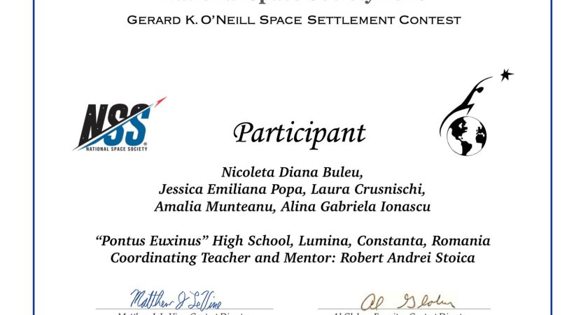National Space Society din Statele Unite ale Americii le-a acordat certificate de participare elevilor de la Liceul Teoretic „Pontus Euxinus” Lumina